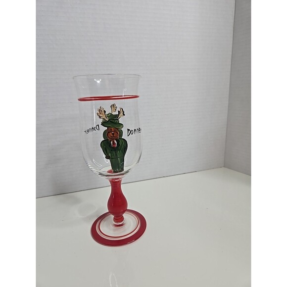 Pottery Barn DONNER Christmas Reindeer Goblet Glass Hand Painted Red Base EUC - Picture 3 of 7